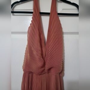 Elegant Pleated Halter Dress in Shimmery Coral